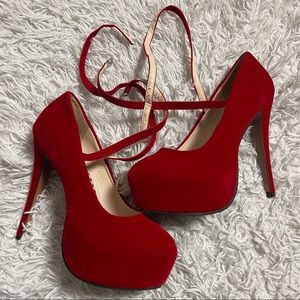 Ochenta Crushed Velvet Red Tie Heels